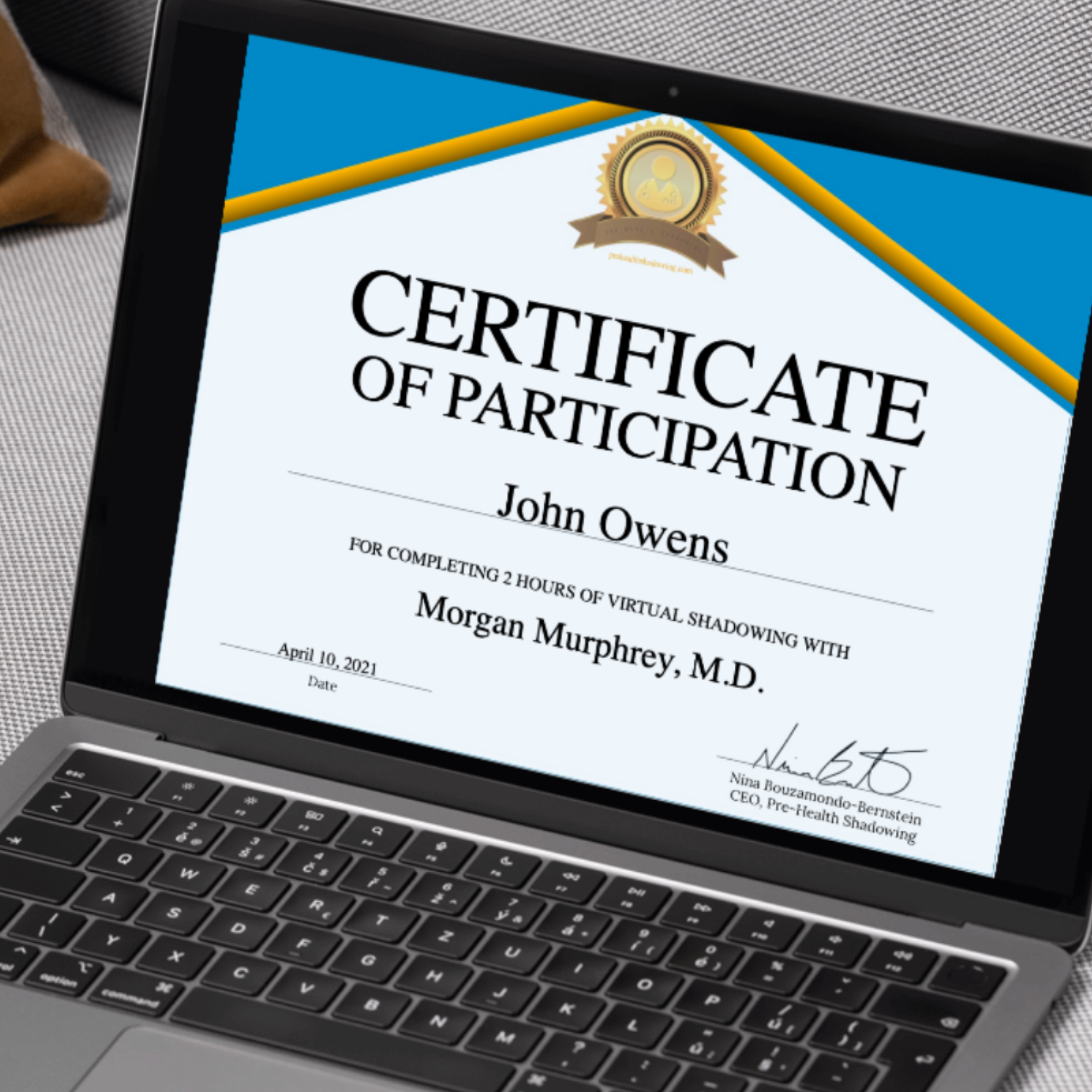 Sample certificate from Pre-Health Shadowing